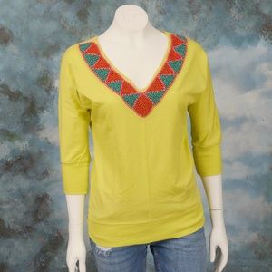 rue 21 Embellished Neon Green V-Neck Sweater Small
